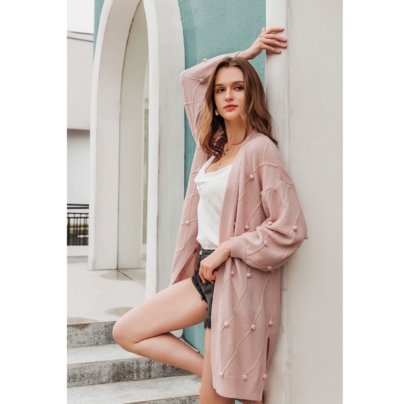 Pom Pom Detail Pink Open Cardigan - Picture 2 of 9